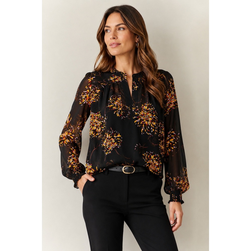 Cabi Floral Chiffon Blouse Large Black Boho Cottagecore Smocked Balloon Sleeve